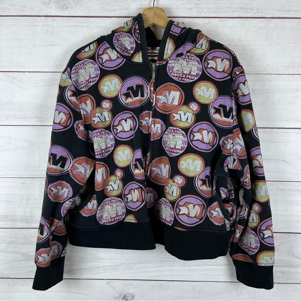 Vintage Y2K Mecca femme Women's 2X Zip-up Hoodie Black 2000s All Over Print